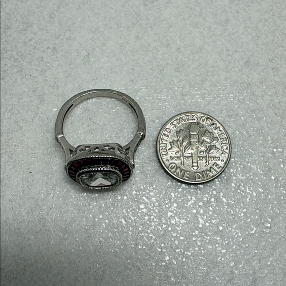 Rhodium Plated Sterling Art Deco Inspired Cushion Cut Faux Dia & Ruby Ring - Picture 7 of 7